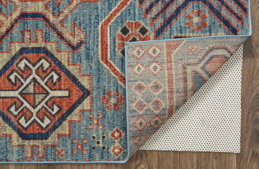 Blue Red And Tan Abstract Power Loom Distressed Stain Resistant Area Rug Photo 3