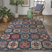 Photo of Blue Red And Tan Abstract Power Loom Distressed Stain Resistant Area Rug