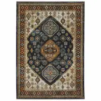 Photo of Blue Red Beige Orange Gold And Tan Oriental Power Loom Stain Resistant Area Rug With Fringe