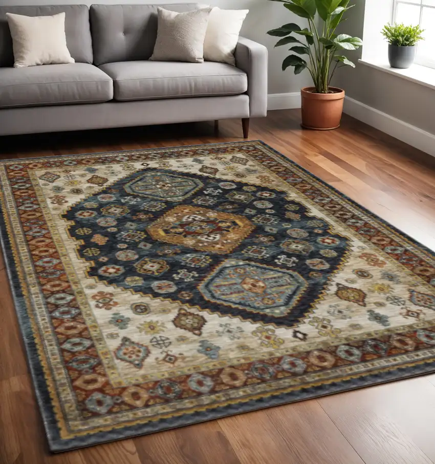 Blue Red Beige Orange Gold And Tan Oriental Power Loom Stain Resistant Area Rug With Fringe Photo 1