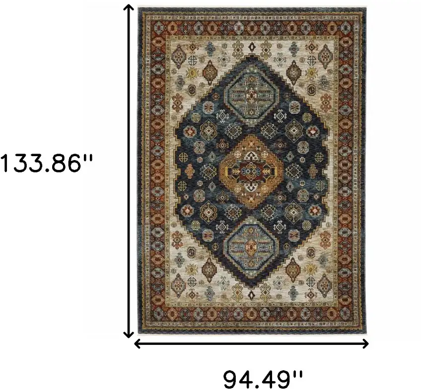 Blue and Beige Oriental Power Loom Area Rug With Fringe Photo 3