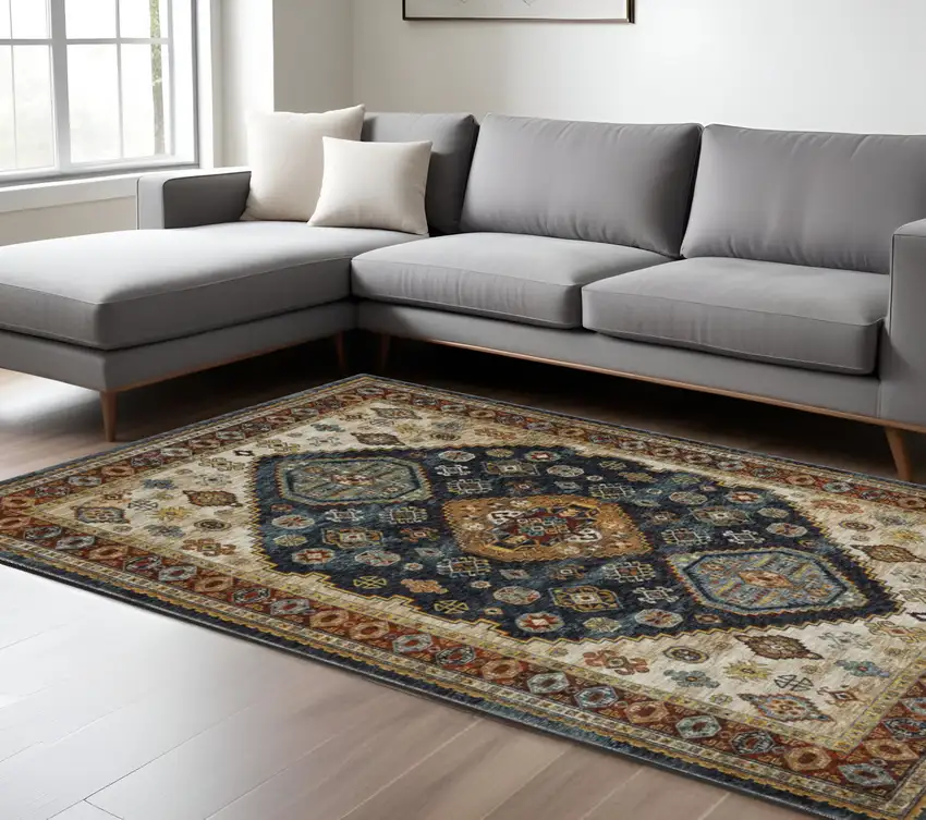 Blue and Beige Oriental Power Loom Area Rug With Fringe Photo 1