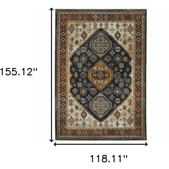 Blue Red Beige Orange Gold And Tan Oriental Power Loom Stain Resistant Area Rug With Fringe Photo 3