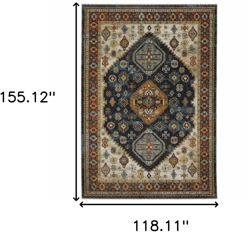 Blue Red Beige Orange Gold And Tan Oriental Power Loom Stain Resistant Area Rug With Fringe Photo 3