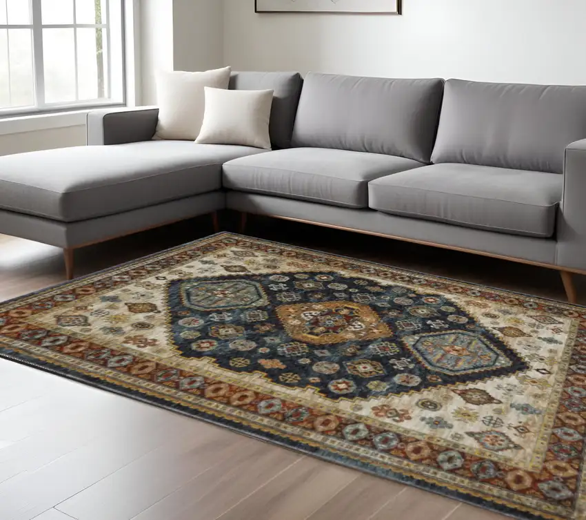 Blue Red Beige Orange Gold And Tan Oriental Power Loom Stain Resistant Area Rug With Fringe Photo 1