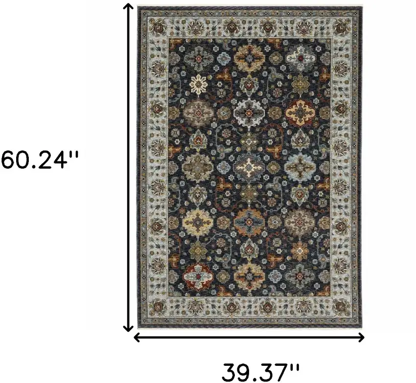 Blue Red Beige Yellow Grey Rust And Gold Oriental Power Loom Stain Resistant Area Rug With Fringe Photo 3