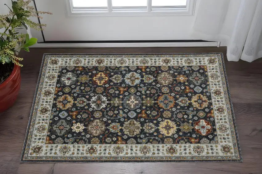 Blue Red Beige Yellow Grey Rust And Gold Oriental Power Loom Stain Resistant Area Rug With Fringe Photo 1