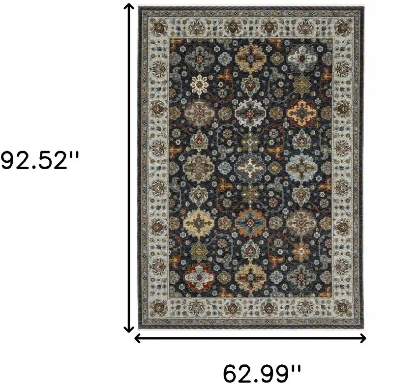 Blue Red Beige Yellow Grey Rust And Gold Oriental Power Loom Stain Resistant Area Rug With Fringe Photo 3