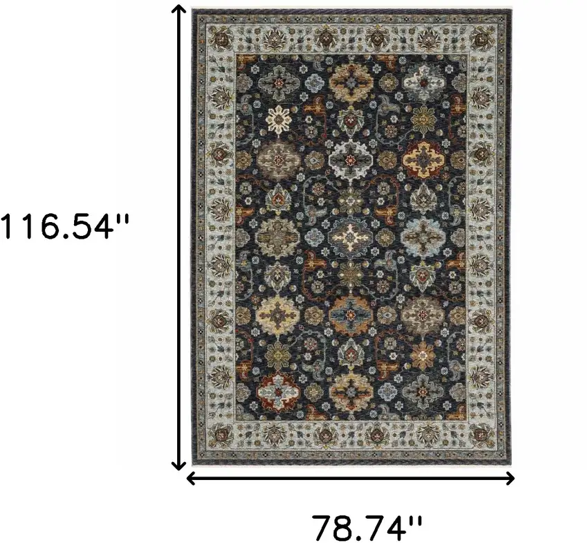 Blue and Beige Oriental Power Loom Area Rug With Fringe Photo 3