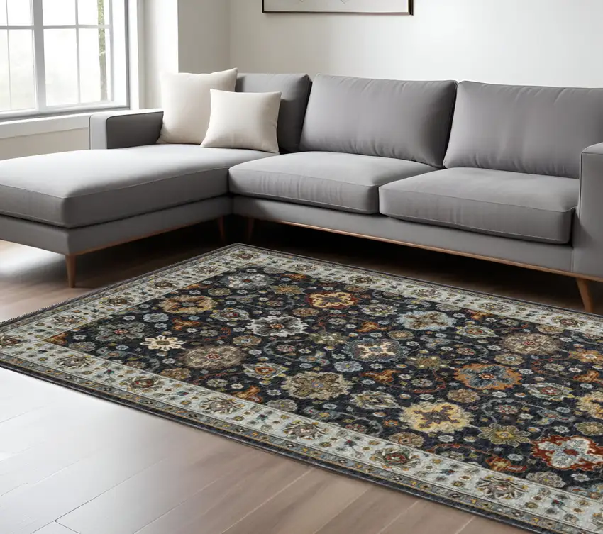 Blue and Beige Oriental Power Loom Area Rug With Fringe Photo 1