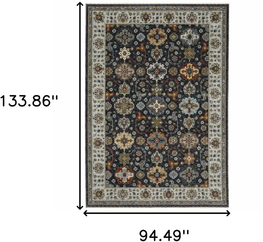 Blue and Beige Oriental Power Loom Area Rug With Fringe Photo 3