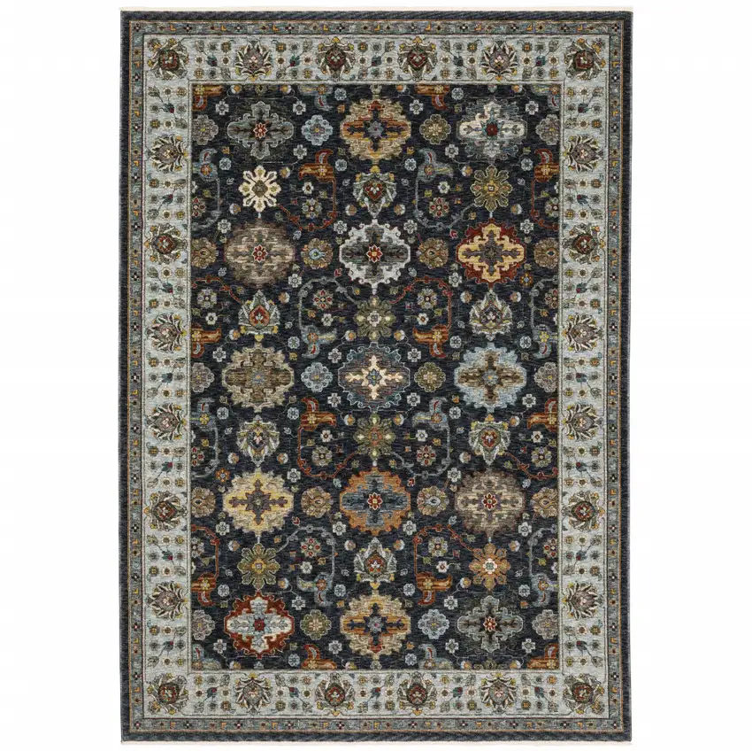 Blue Red Beige Yellow Grey Rust And Gold Oriental Power Loom Stain Resistant Area Rug With Fringe Photo 1