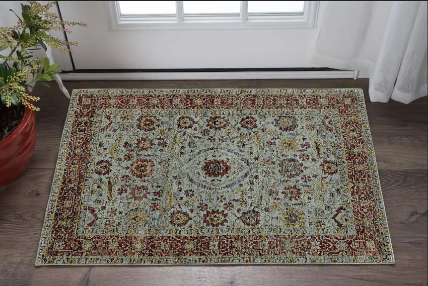 Blue and Green Oriental Power Loom Area Rug Photo 1