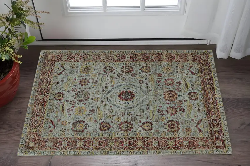 Blue and Green Oriental Power Loom Area Rug Photo 1