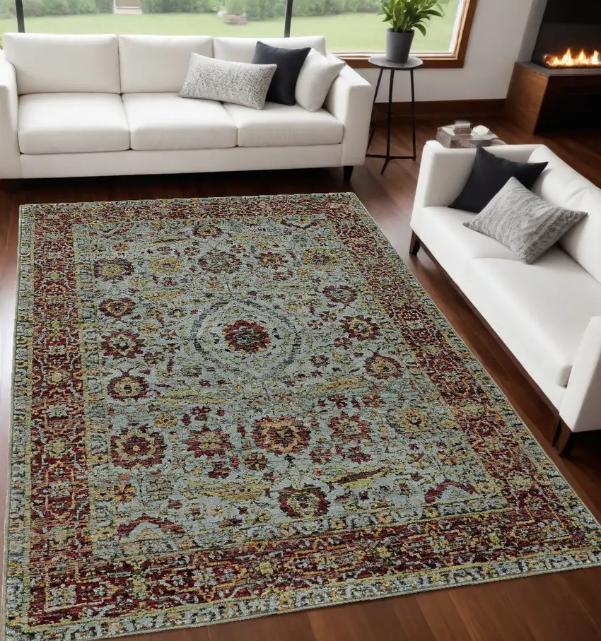 Blue and Green Oriental Power Loom Area Rug Photo 1