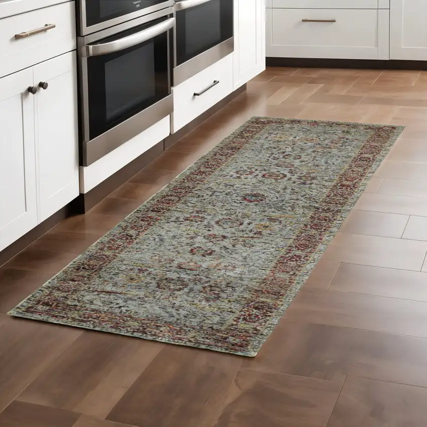 8' Blue And Green Oriental Runner Rug Photo 1