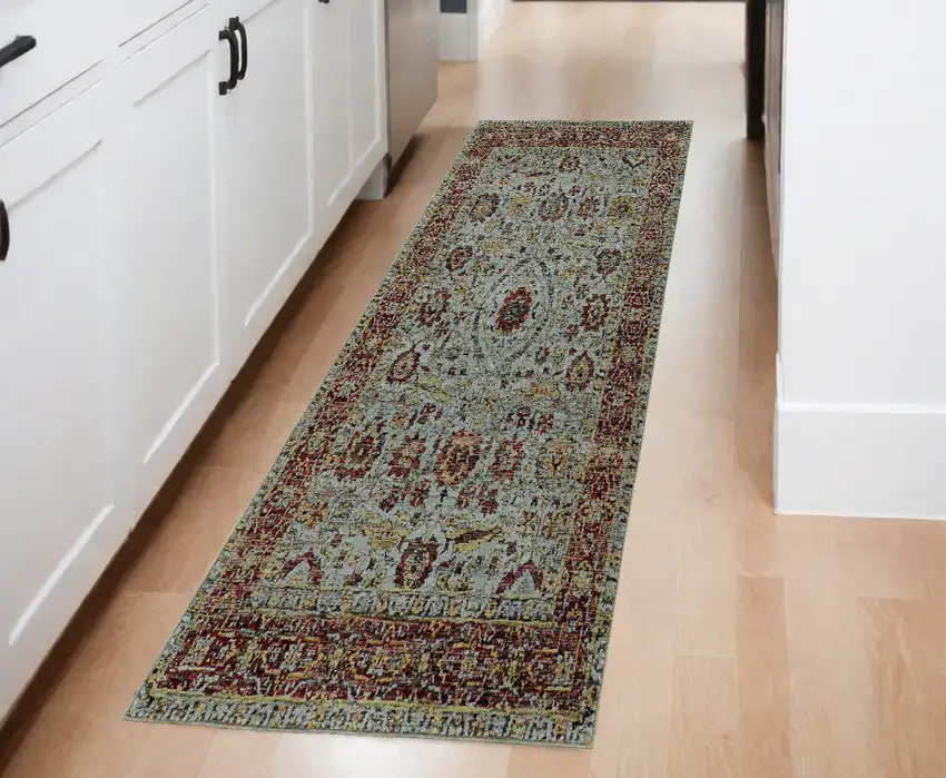 Blue and Green Oriental Power Loom Runner Rug Photo 1
