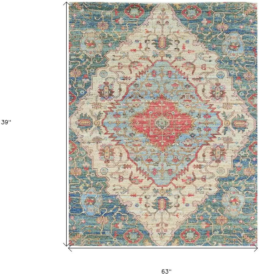 Blue and Beige Medallion Hand Woven Area Rug Photo 3