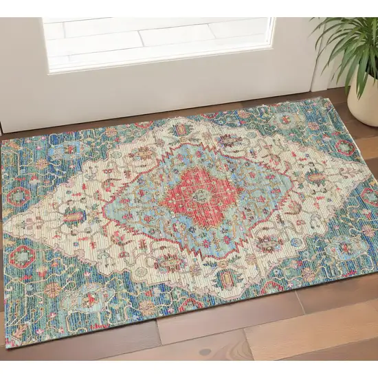 Blue Beige And Brick Red Jute Medallion Hand Woven Area Rug Photo 8