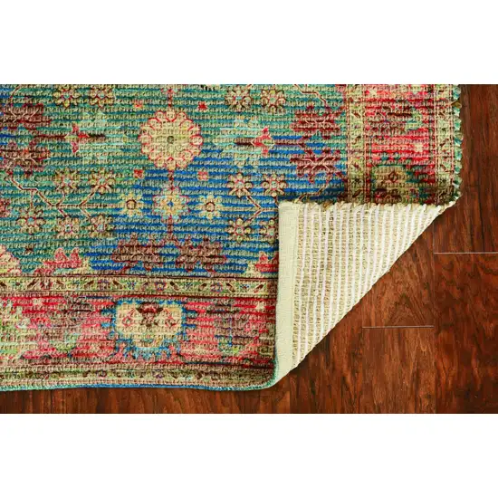 Blue Red And Beige Floral Medallion Hand Woven Distressed Area Rug Photo 7