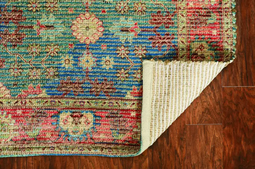 Blue Red And Beige Floral Medallion Hand Woven Distressed Area Rug Photo 7