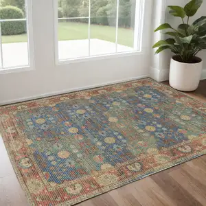 Photo of Blue Red Hand Woven Floral Traditional Indoor Accent Rug