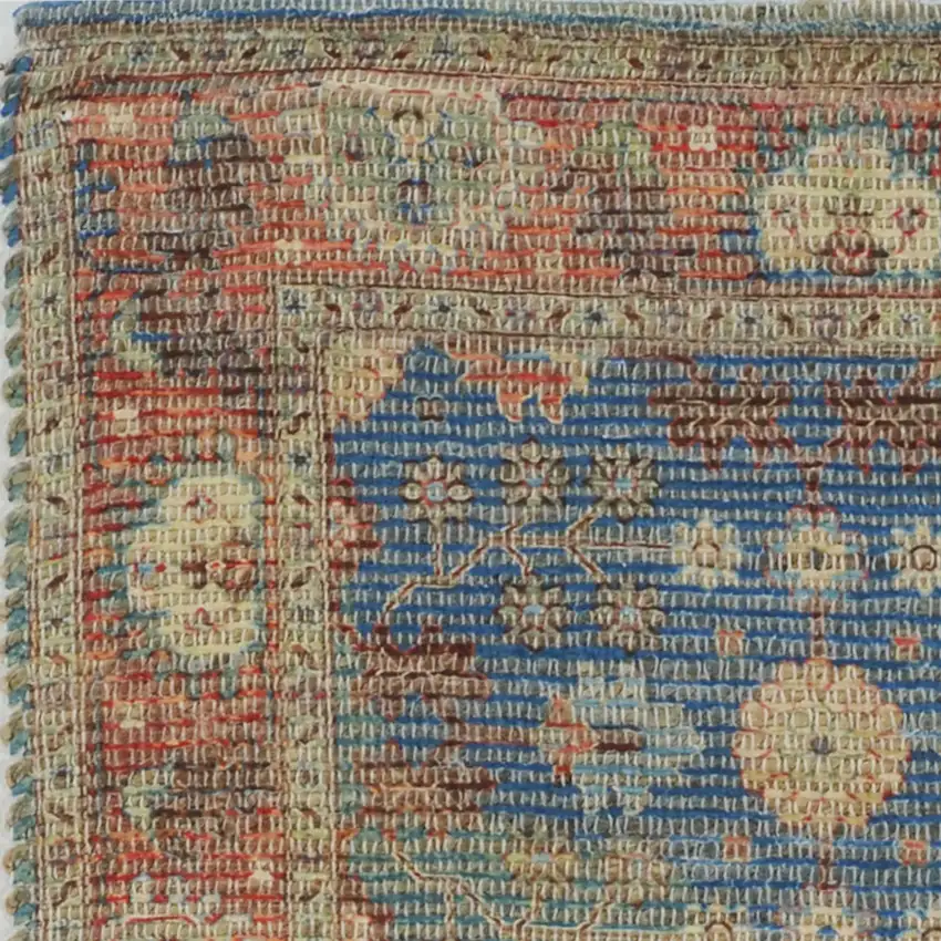 Blue Red And Beige Floral Medallion Hand Woven Distressed Area Rug Photo 5