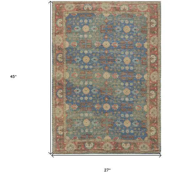 Blue Red And Beige Floral Medallion Hand Woven Distressed Area Rug Photo 3