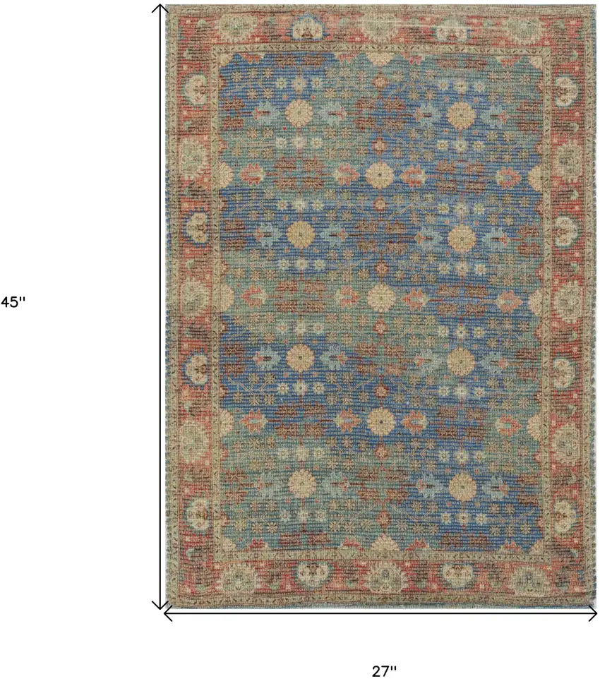 Blue Red And Beige Floral Medallion Hand Woven Distressed Area Rug Photo 3