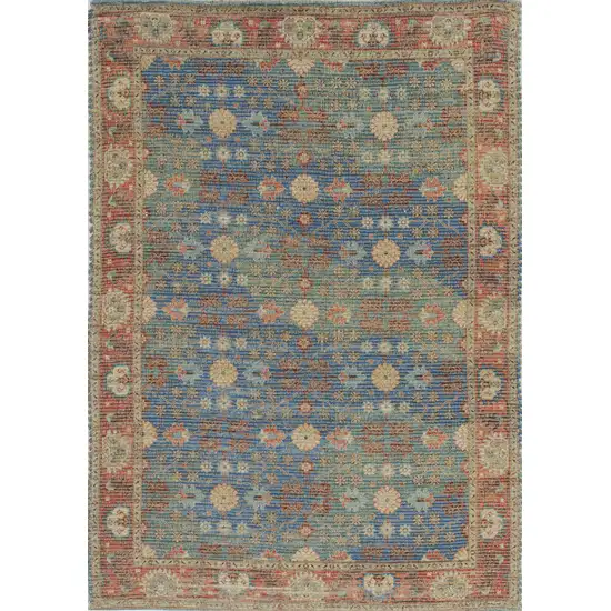 Blue Red And Beige Floral Medallion Hand Woven Distressed Area Rug Photo 4