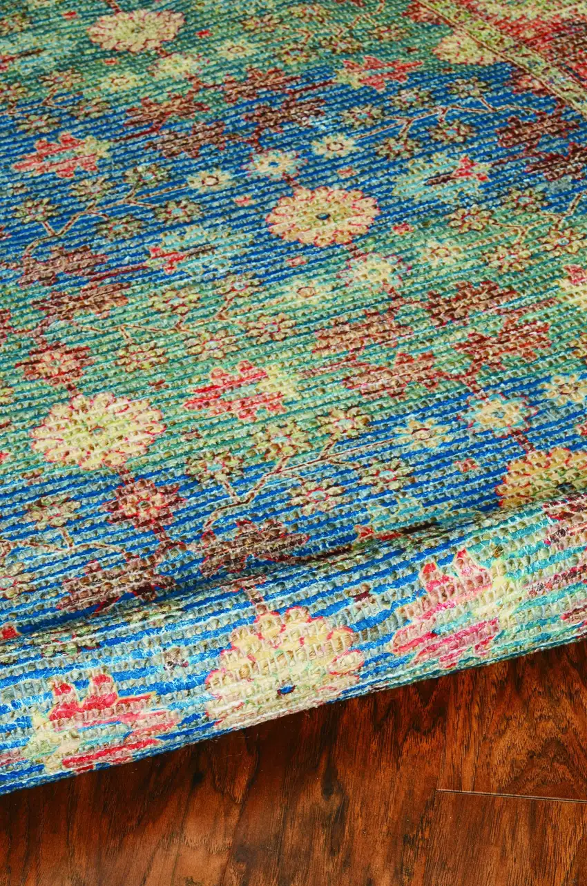 Blue Red And Beige Floral Medallion Hand Woven Distressed Area Rug Photo 8