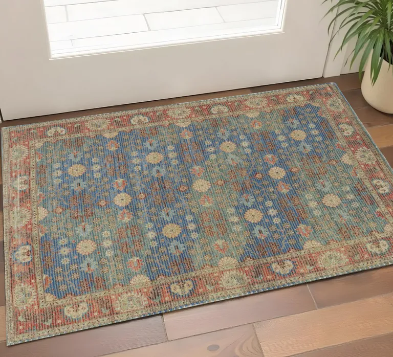 Blue Red Hand Woven Floral Traditional Indoor Accent Rug Photo 3