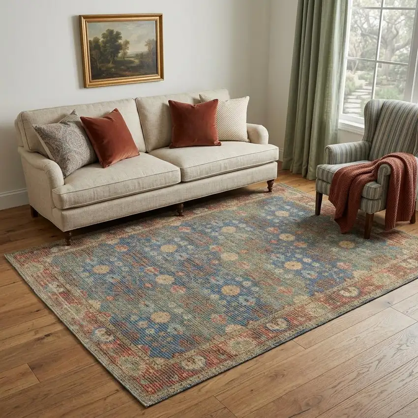Blue Red And Beige Floral Medallion Hand Woven Distressed Area Rug Photo 1