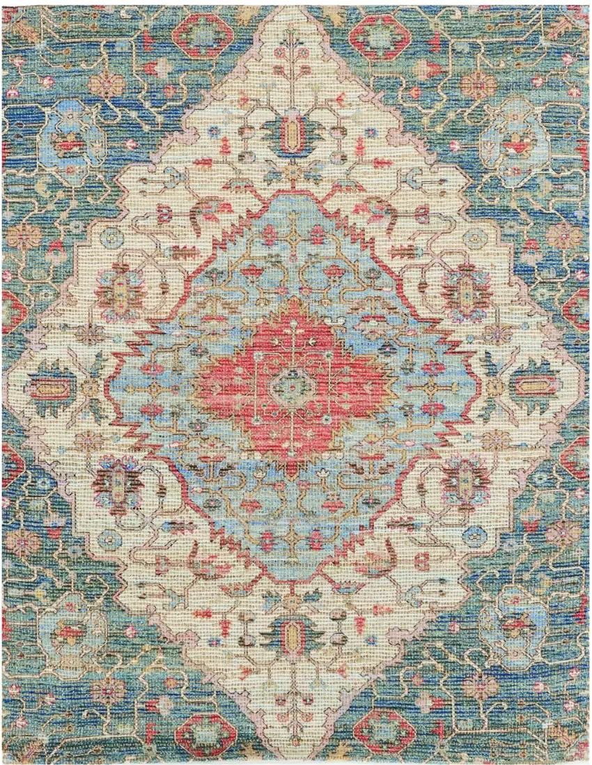 7'X12' Blue Red Hand Woven Traditional Medallion Indoor Area Rug Photo 2