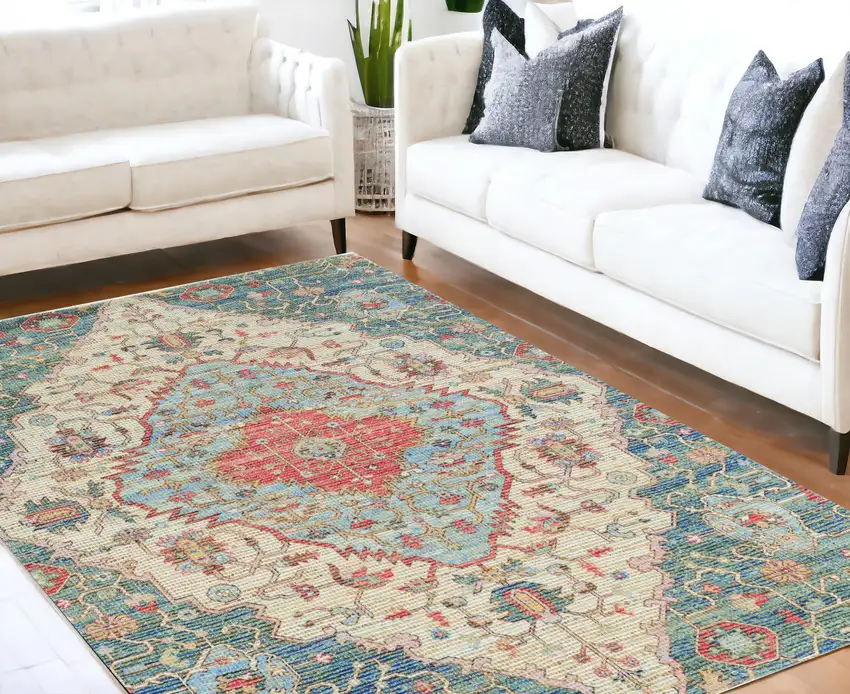 7'X12' Blue Red Hand Woven Traditional Medallion Indoor Area Rug Photo 1