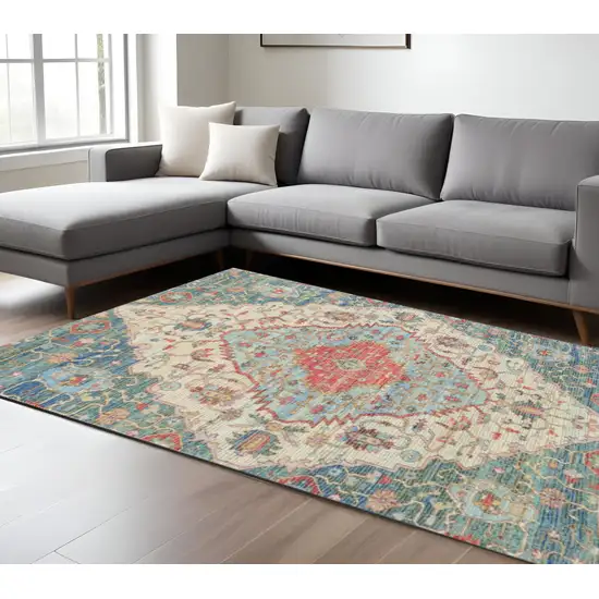 Blue Beige And Brick Red Jute Medallion Handmade Area Rug Photo 1