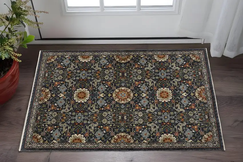 Blue Red Ivory And Gold Oriental Power Loom Stain Resistant Area Rug With Fringe Photo 1