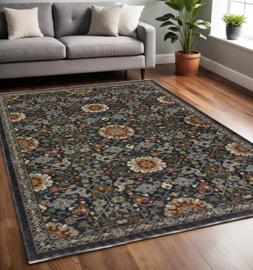 Blue Red Ivory And Gold Oriental Power Loom Stain Resistant Area Rug With Fringe Photo 1