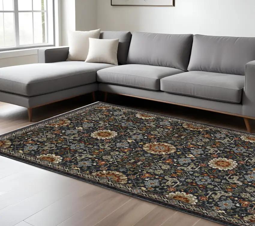 Blue and Ivory Oriental Power Loom Area Rug With Fringe Photo 1