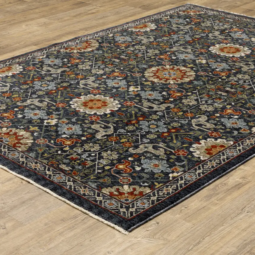 Blue Red Ivory And Gold Oriental Power Loom Stain Resistant Area Rug With Fringe Photo 7