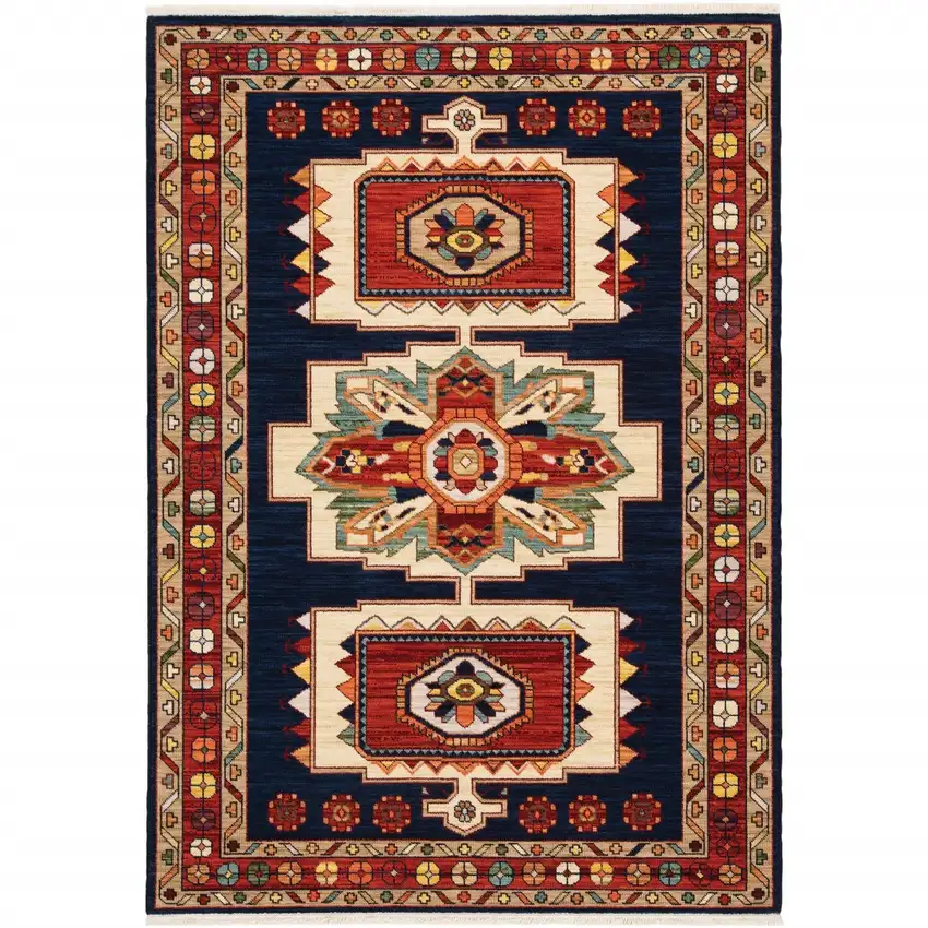 Blue Red Machine Woven Medallions Indoor Area Rug Photo 4