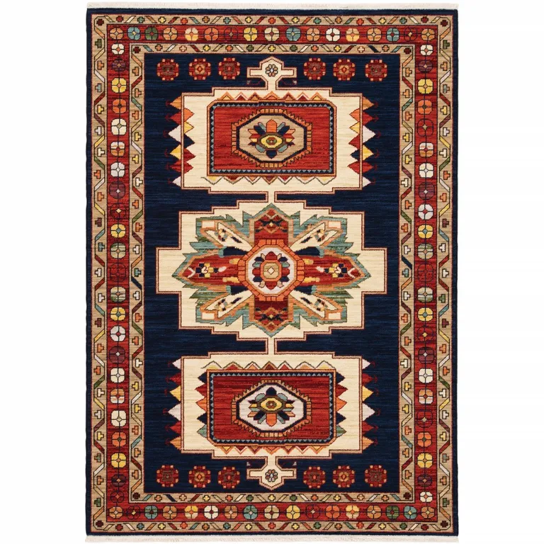 Blue Red Machine Woven Medallions Indoor Area Rug Photo 3