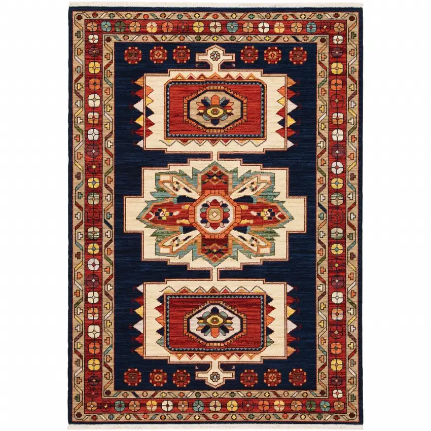 Blue Red Machine Woven Medallions Indoor Area Rug Photo 2