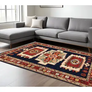 Photo of Blue Red Machine Woven Medallions Indoor Area Rug
