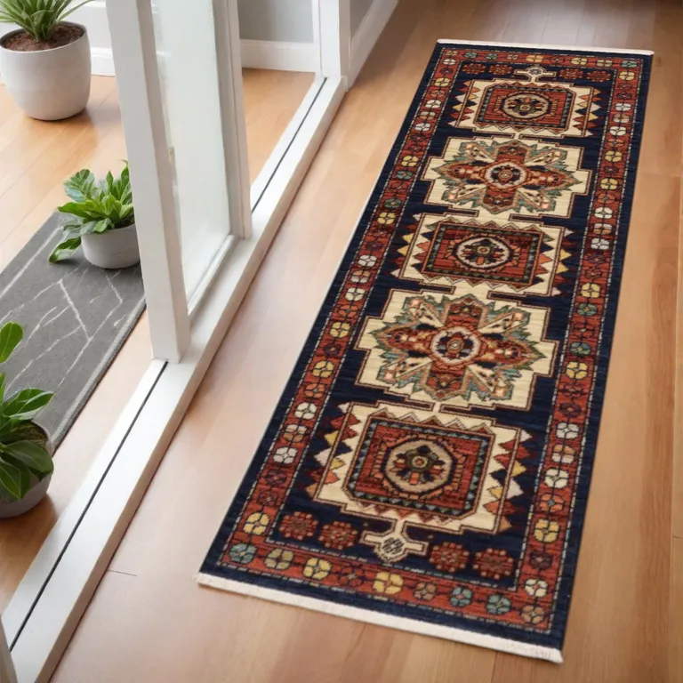 Blue Red Machine Woven Medallions Indoor Runner Rug Photo 3