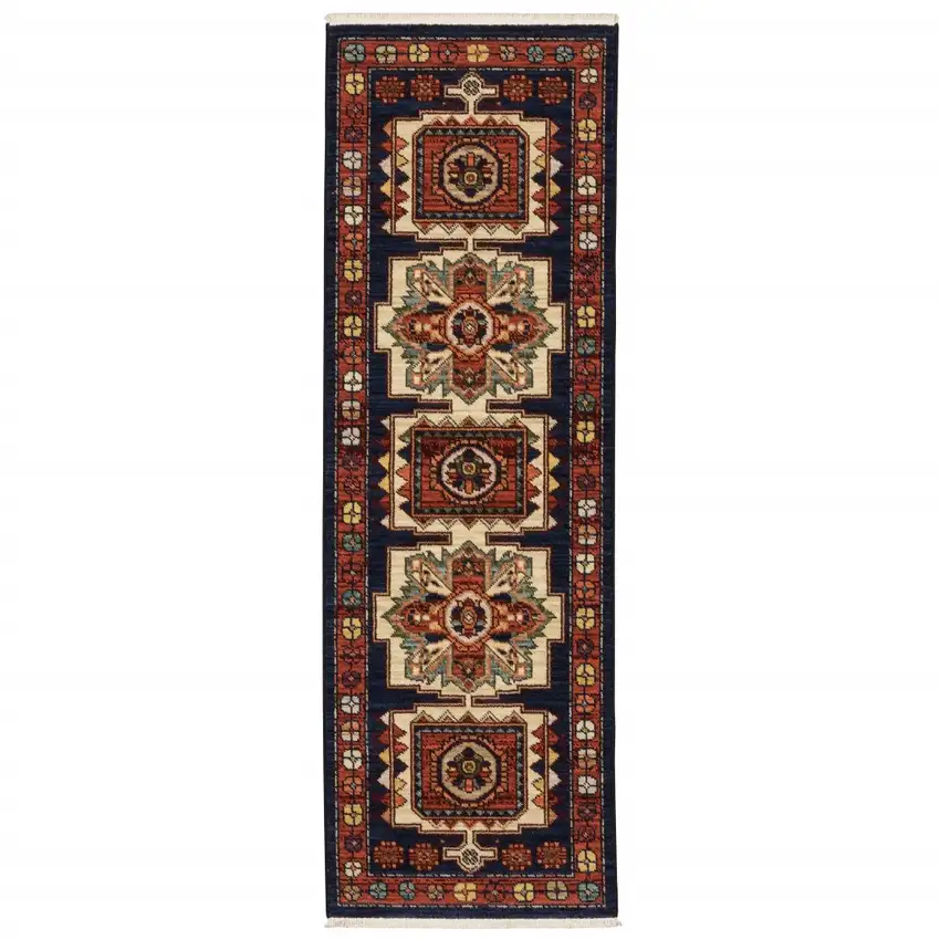 6' Blue Red Machine Woven Medallions Indoor Runner Rug Photo 3