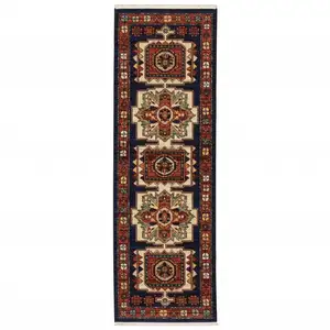 Photo of Blue Red Machine Woven Medallions Indoor Runner Rug