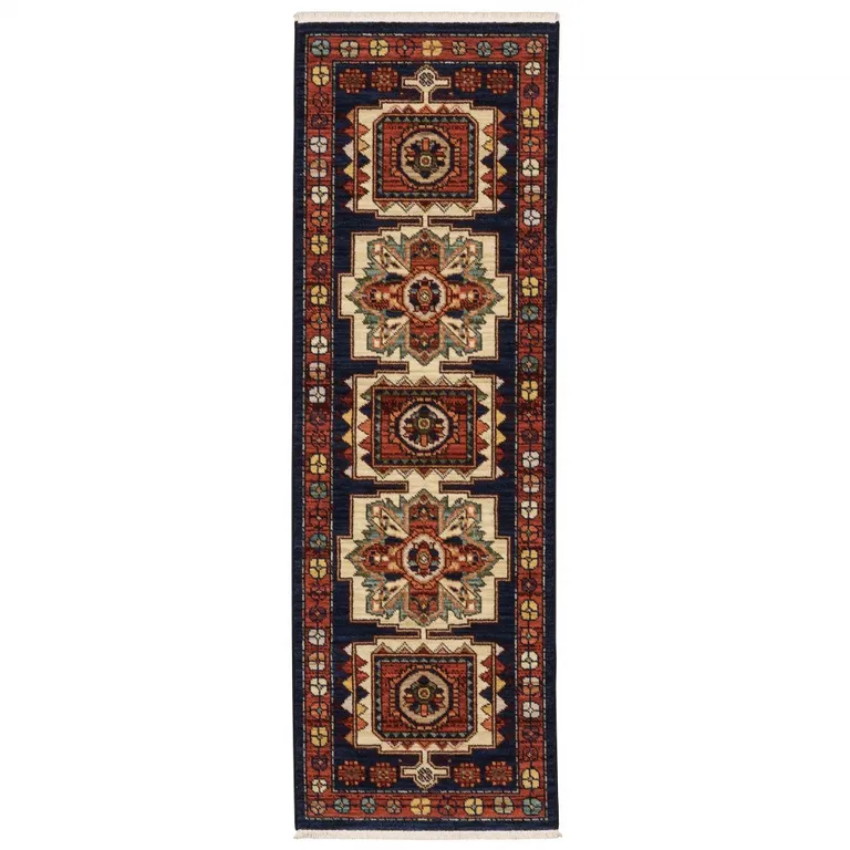 Blue Red Machine Woven Medallions Indoor Runner Rug Photo 3