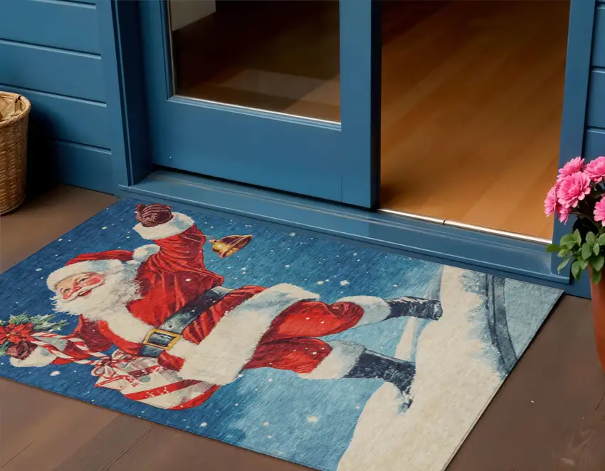 Blue Red White Green And Gold Floral Washable Indoor Outdoor Area Rug Photo 2