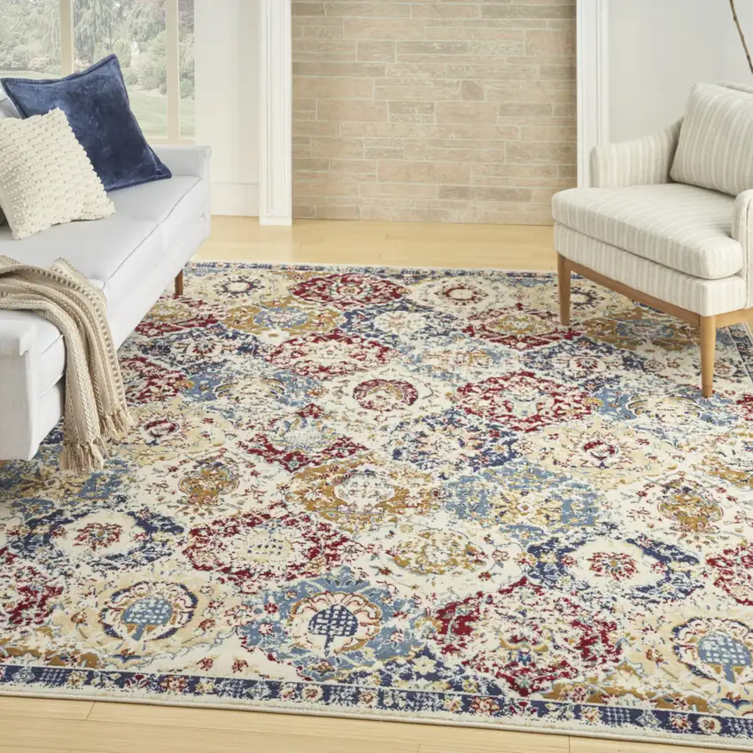 Blue Red and Orange Floral Distressed Non Skid Area Rug Photo 4